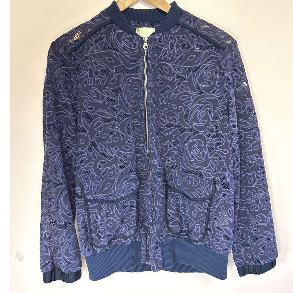 Anthropologie Elevenses Miranda Navy Blue Floral‎ Lace Mesh Bomber Jacket Small - Picture 2 of 10